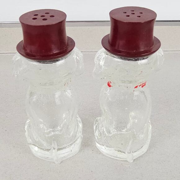 VTG pair glass salt and pepper shakers dogs in top hats - Picture 3 of 6